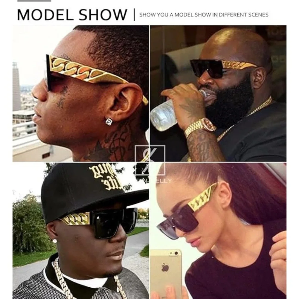 Flat Top Sunglasses Men Gold Hip Hop 80s 90s Style Cholo Dark Black UV400 Lentes